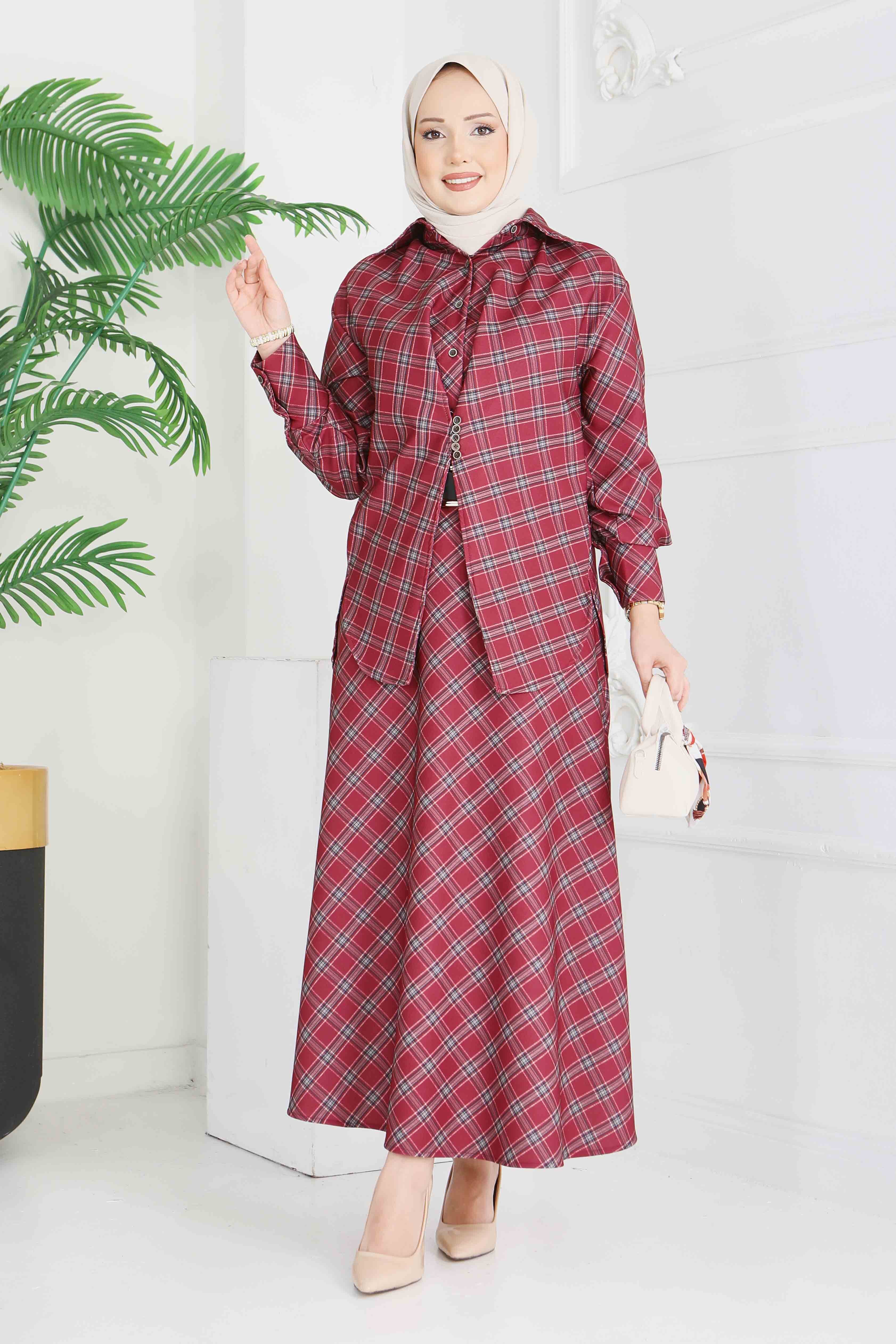 Ekoseli Etek Takım - 28286-BORDO - 5