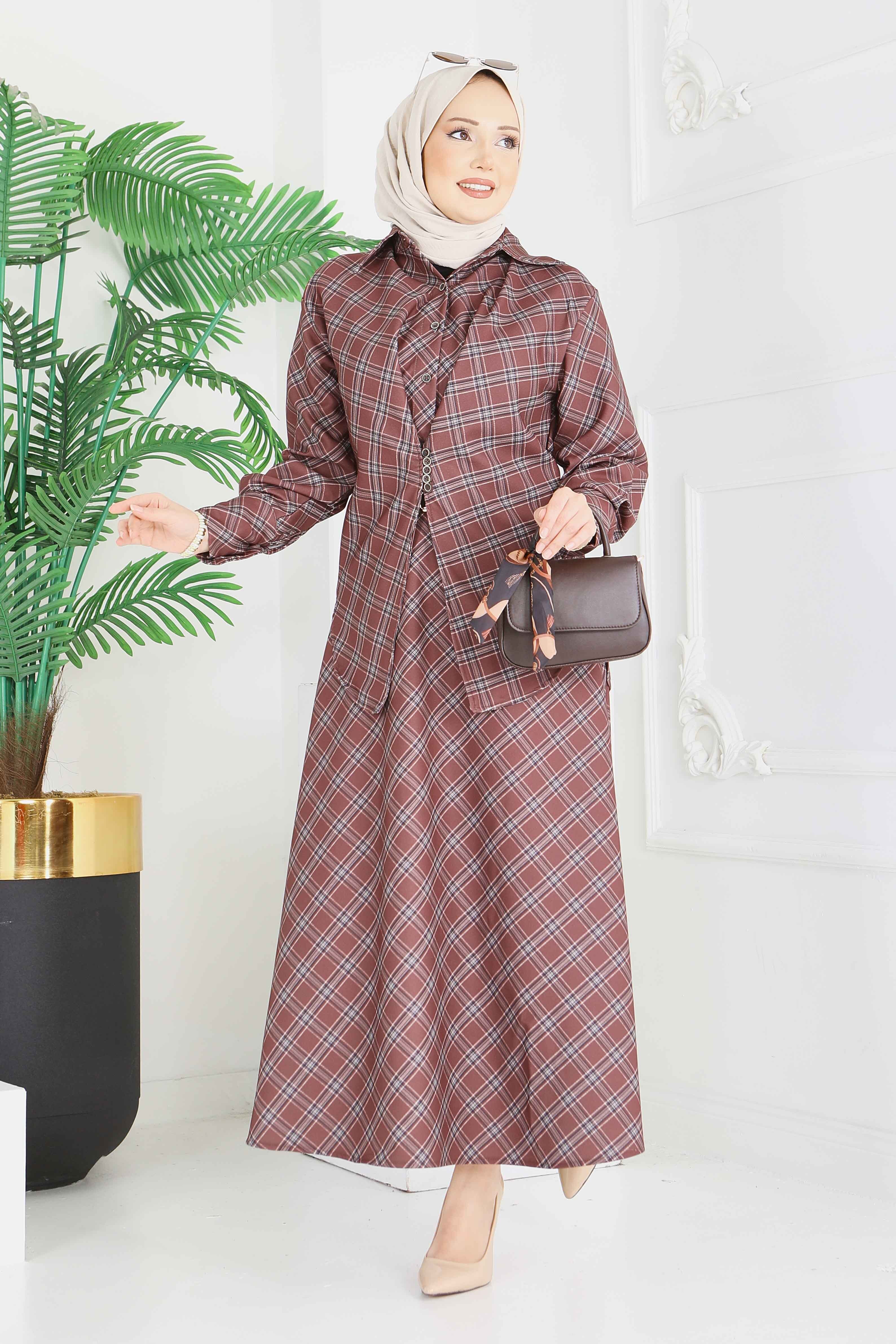 Ekoseli Etek Takım - 28286-KAHVE - 1