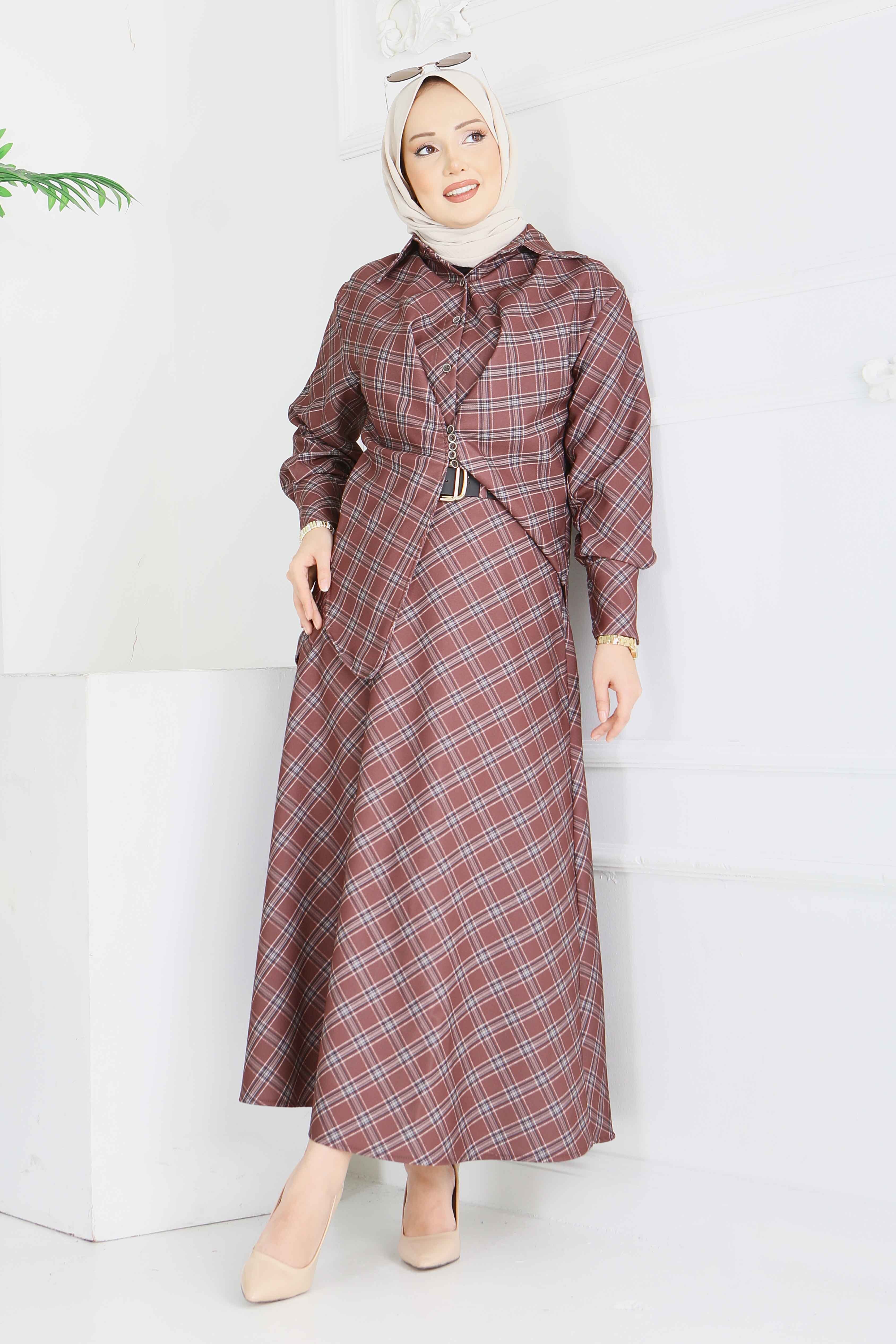 Ekoseli Etek Takım - 28286-KAHVE - 2