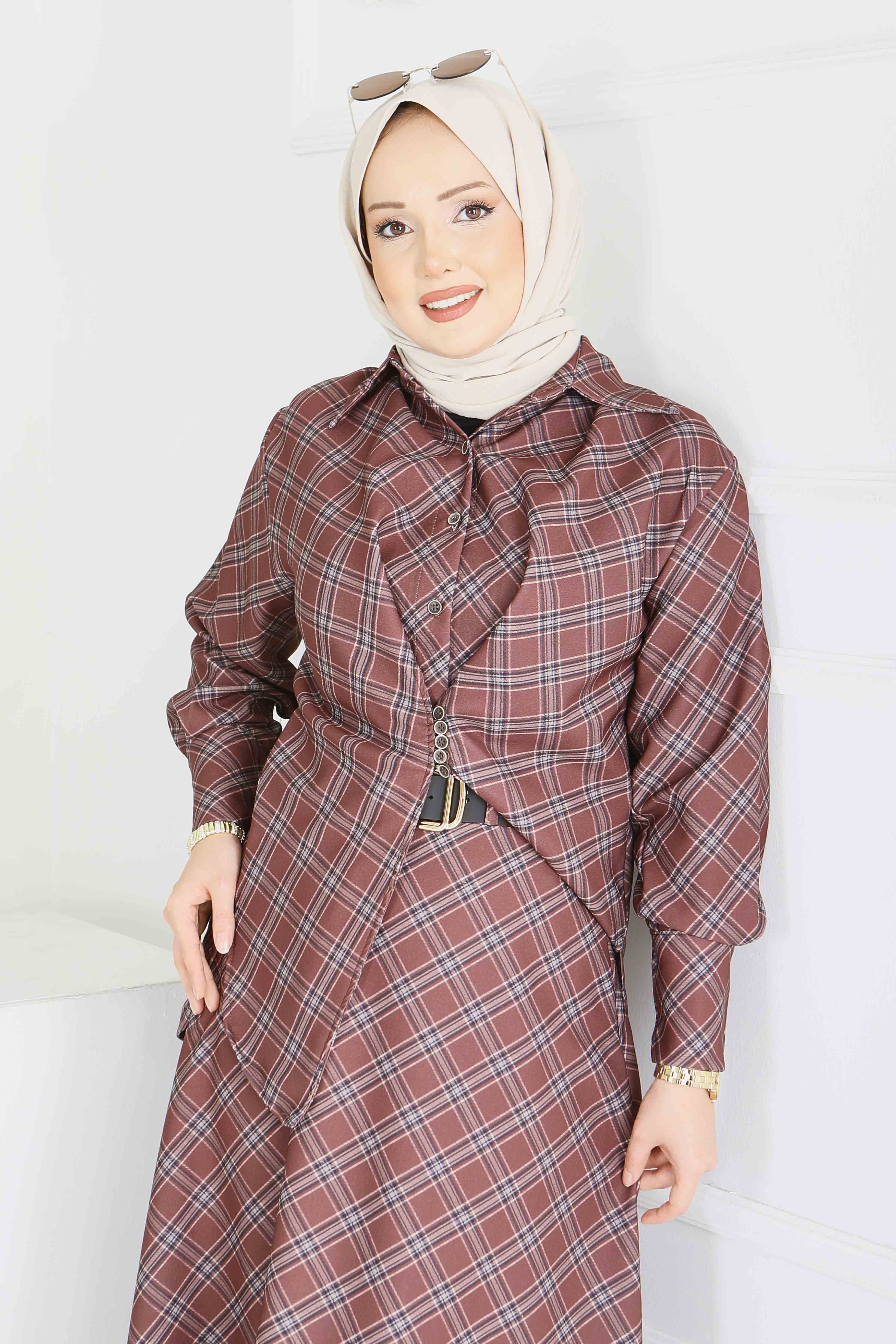 Ekoseli Etek Takım - 28286-KAHVE - 5