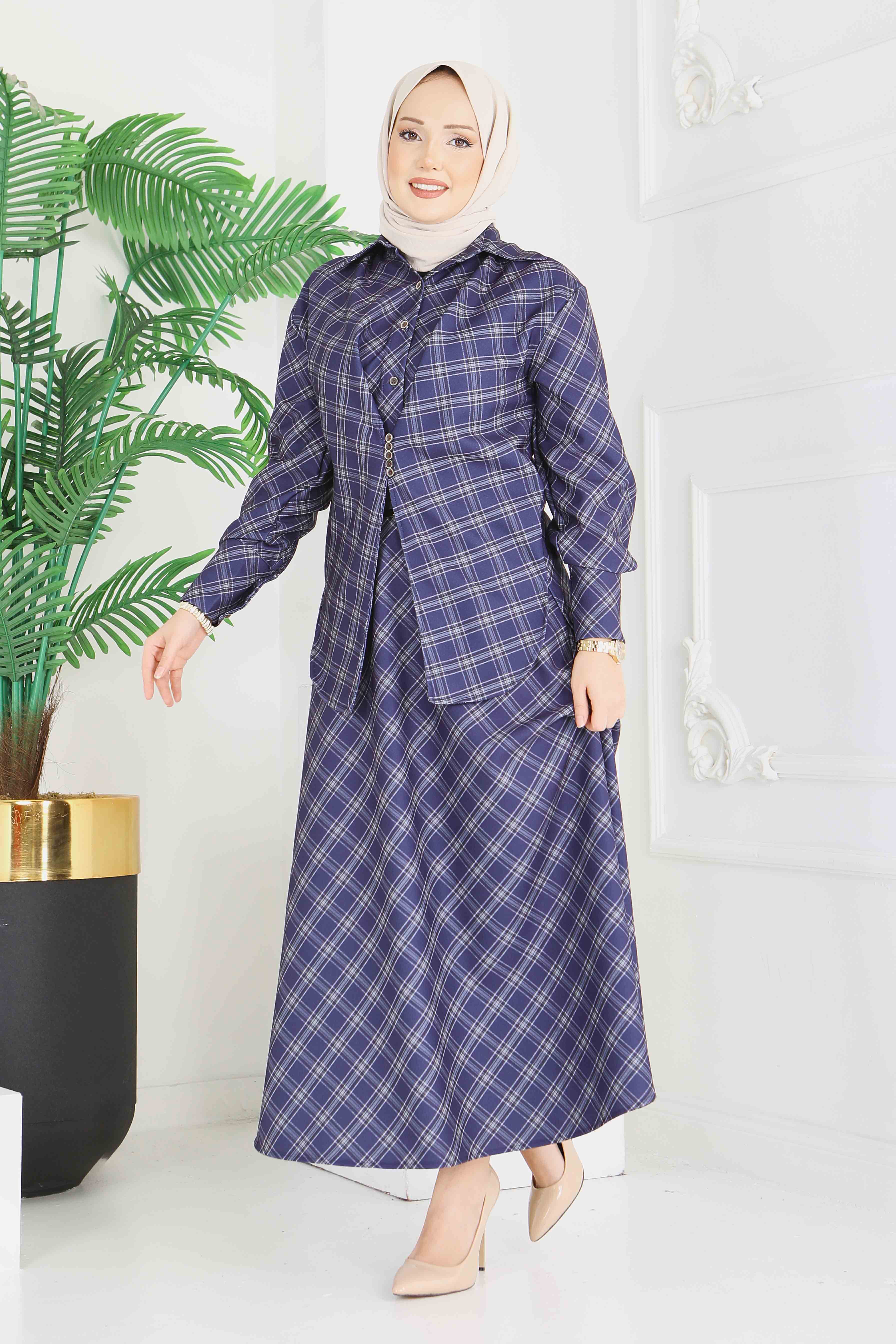 Ekoseli Etek Takım - 28286-LACIVERT - 2