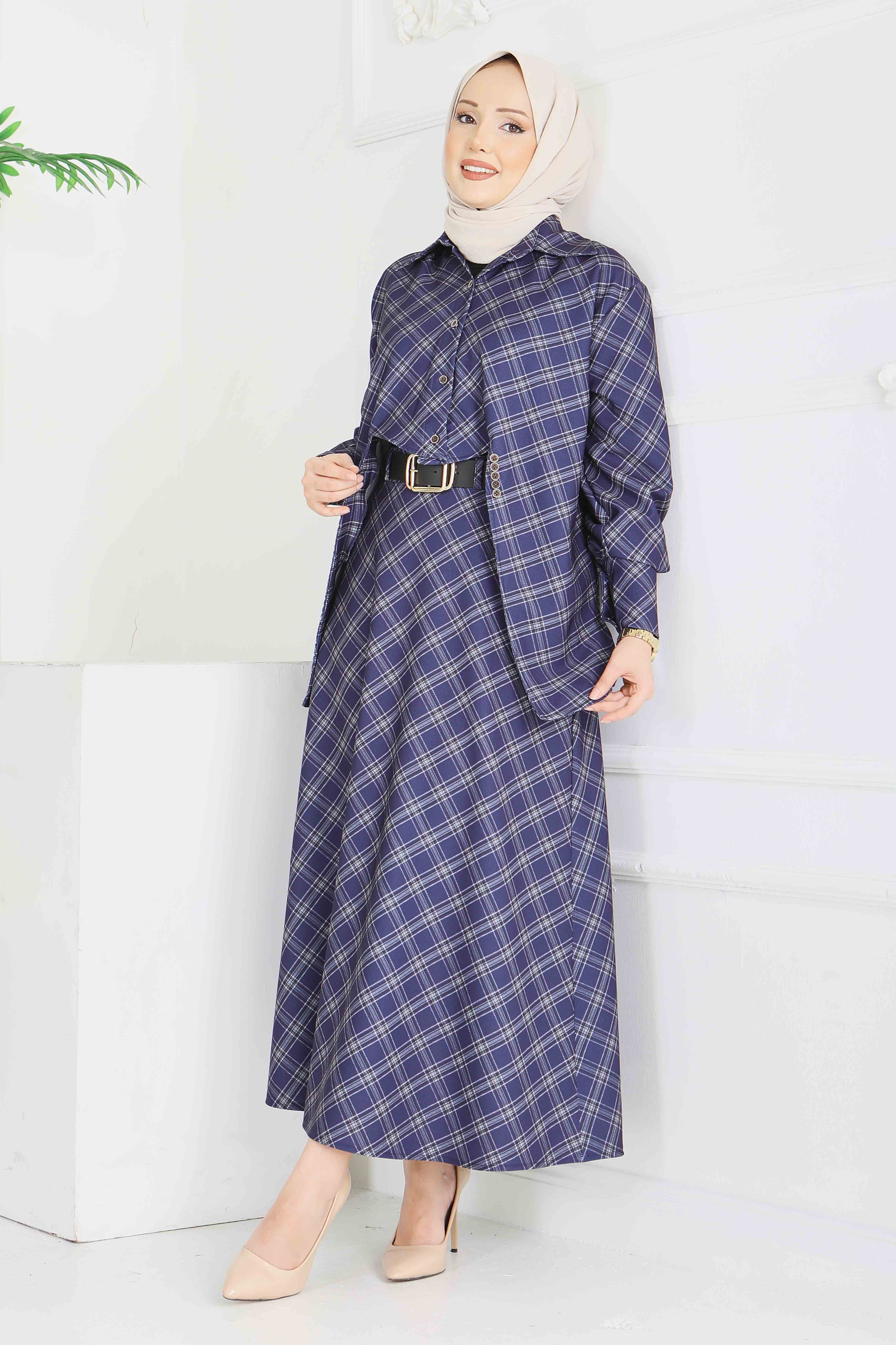 Ekoseli Etek Takım - 28286-LACIVERT - 1