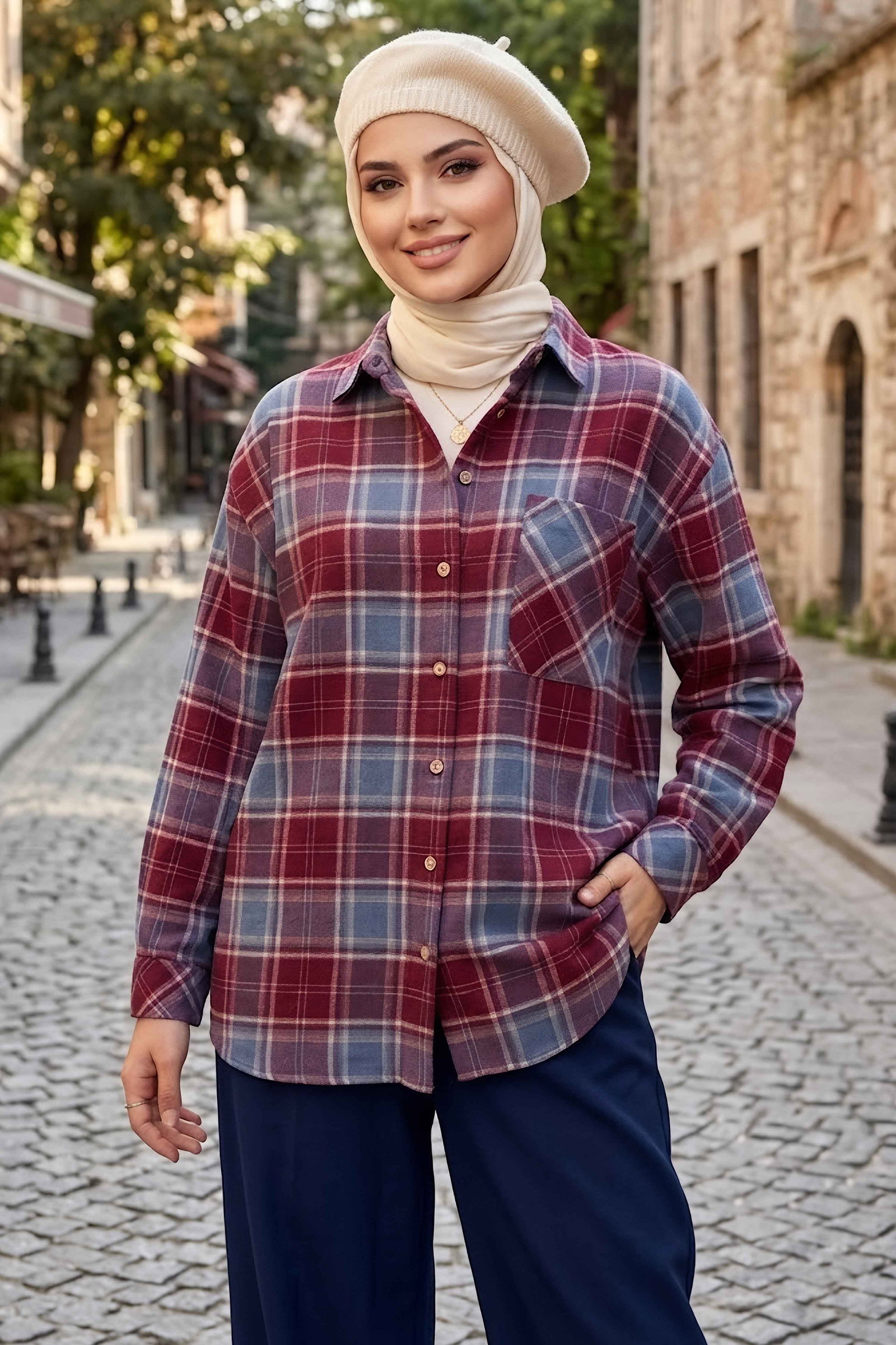 Ekoseli Oduncu Tek Cepli Gömlek Bordo - 28973-BORDO - 1