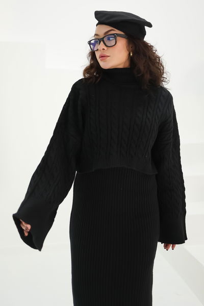 Elbise Kazak Triko Takım - 27742-SIYAH 