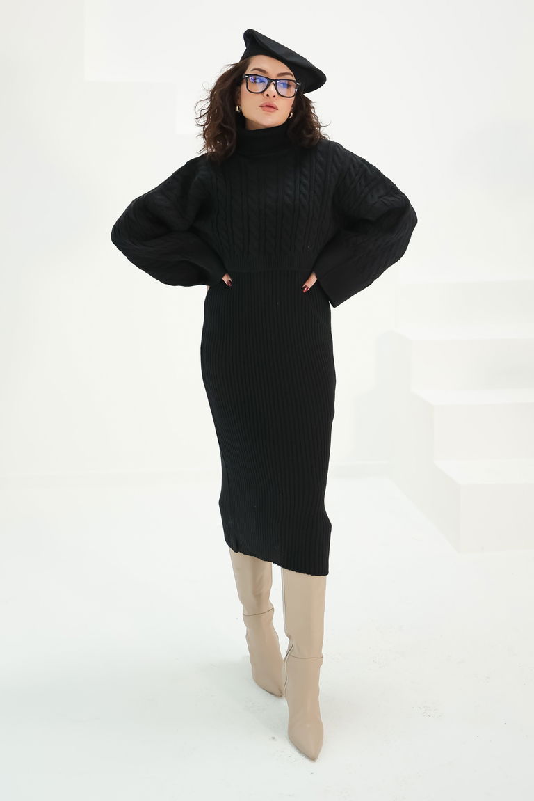 Elbise Kazak Triko Takım - 27742-SIYAH - TOFİSA