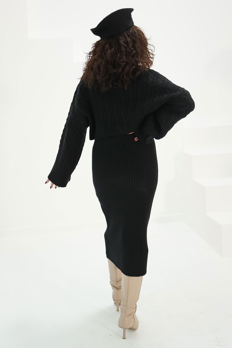 Elbise Kazak Triko Takım - 27742-SIYAH - TOFİSA