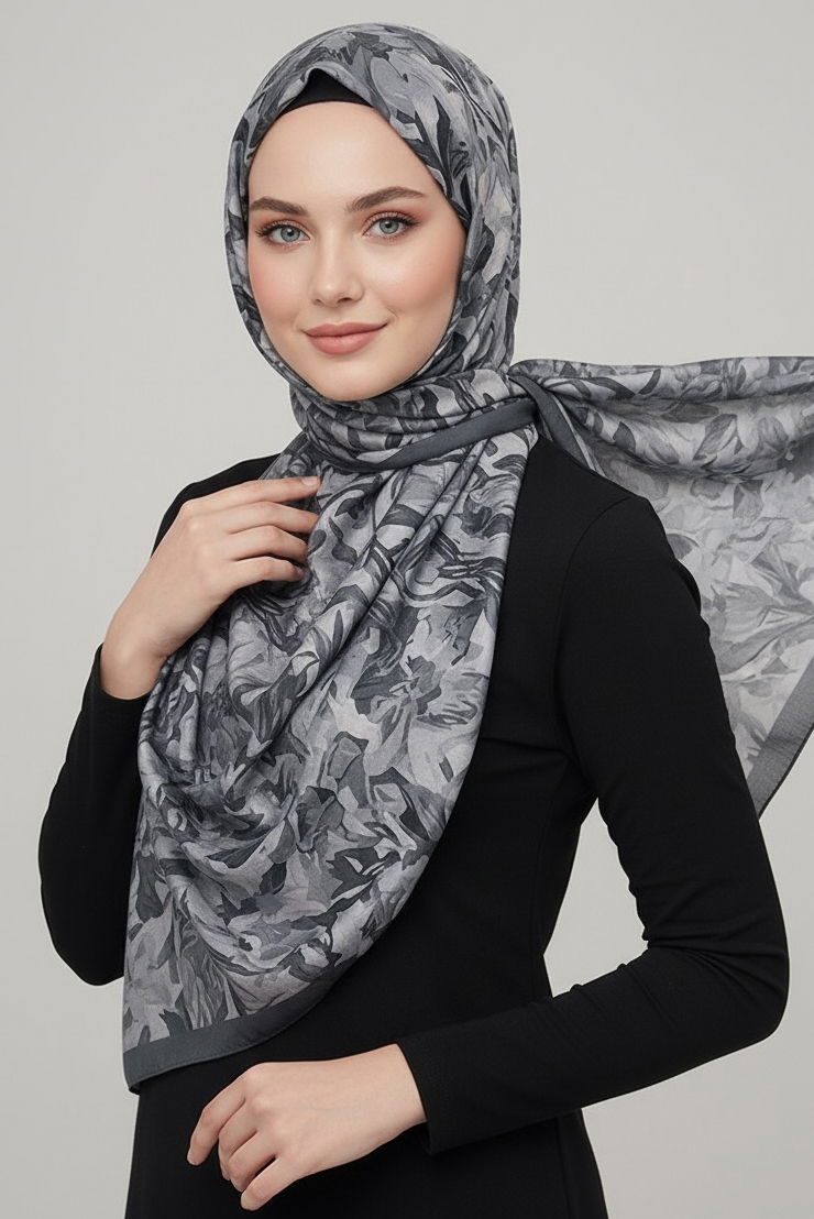 Elegance Flora Serisi Bambu Crash Şal - 28003-GRI - TOFİSA