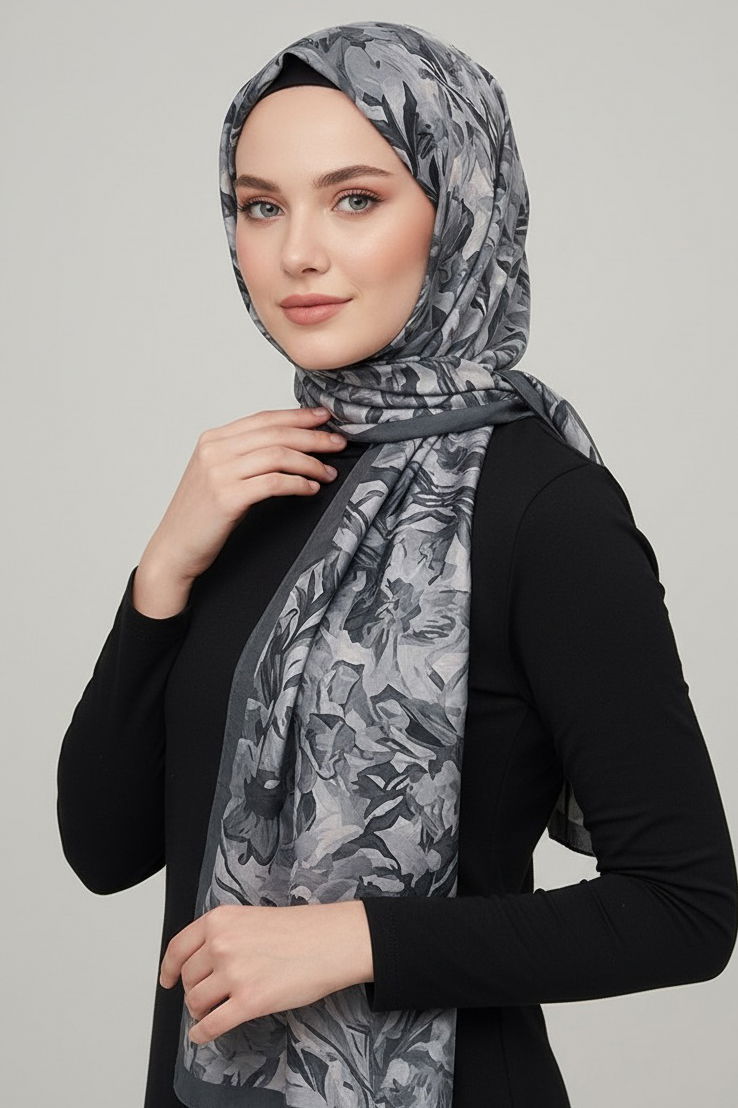 Elegance Flora Serisi Bambu Crash Şal - 28003-GRI - 2