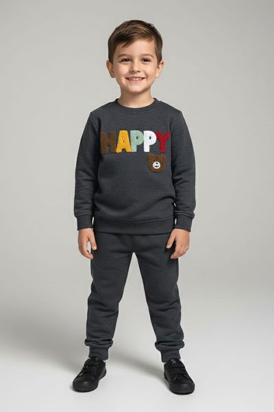 Erkek Çocuk Antrasit Nakışlı Şardonlu İki İplik Takım - 28150-ANTRASIT 