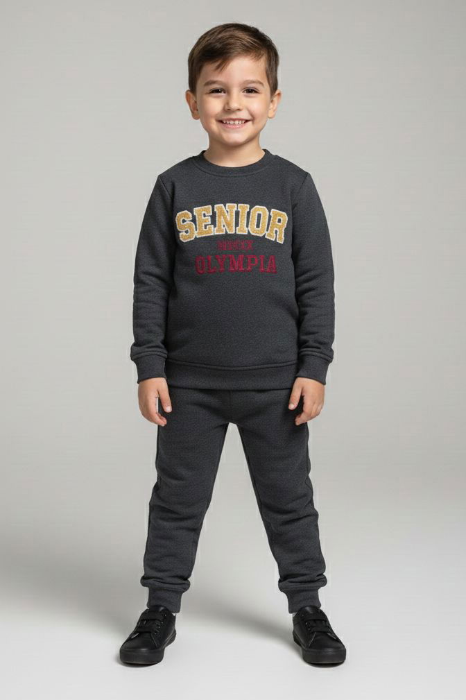 Erkek Çocuk Antrasit Nakışlı Şardonlu İki İplik Takım - 28151-ANTRASIT - TOFİSA