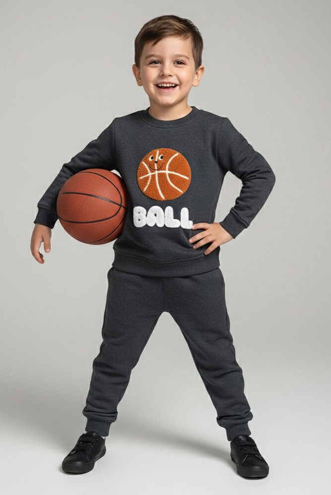 Erkek Çocuk Antrasit Nakışlı Şardonlu İki İplik Takım - 28152-ANTRASIT - TOFİSA