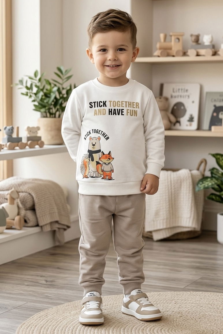 Erkek Çocuk Bej Baskılı Şardonlu İkili Takımı - 28351-BEJ - 1