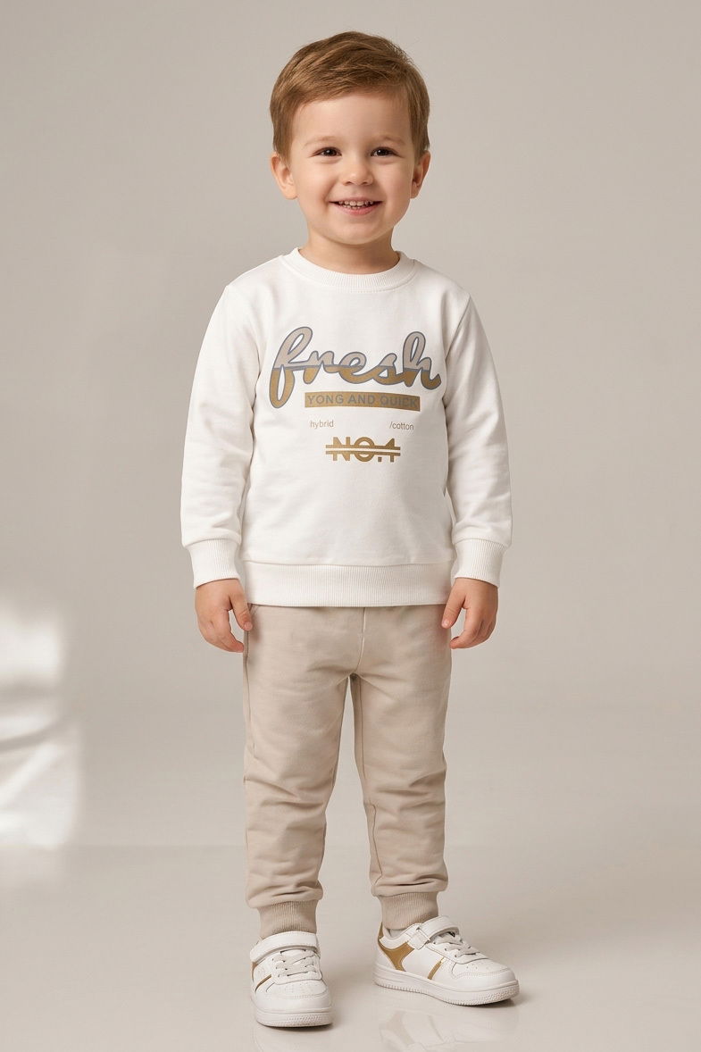 Erkek Çocuk Bej Baskılı Şardonlu İkili Takımı - 28352-BEJ - 1