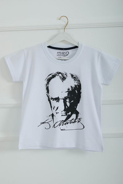 Erkek Çocuk Beyaz Bisiklet Yaka Atatürk Baskılı Kısa Kollu Unisex T-Shirt - 26847 