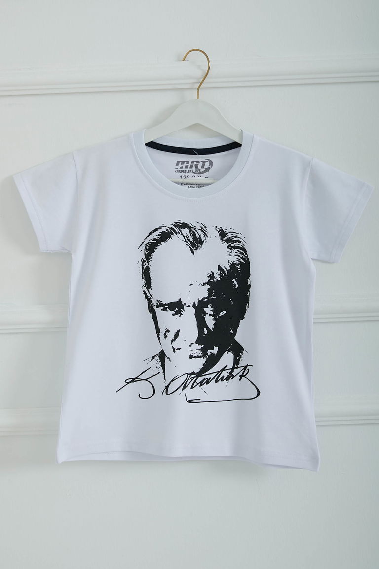 Erkek Çocuk Beyaz Bisiklet Yaka Atatürk Baskılı Kısa Kollu Unisex T-Shirt - 26847 - TOFİSA