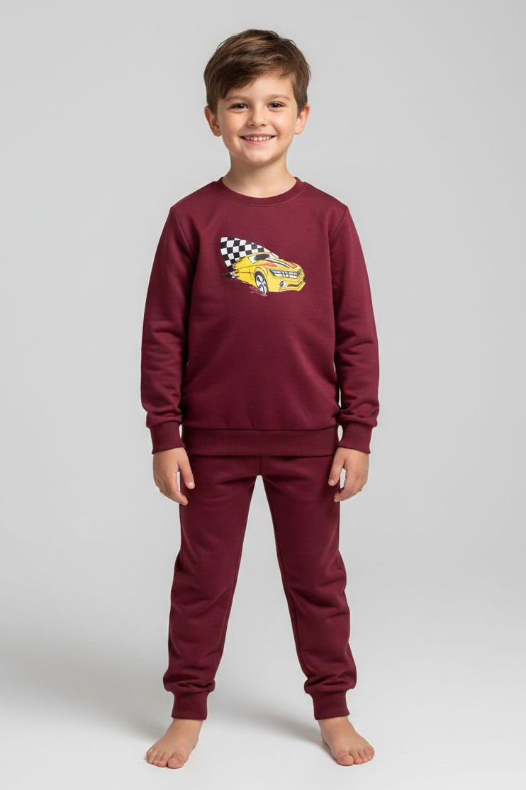 Erkek Çocuk Bordo Baskılı İki İplik Çocuk Pijama Takımı - 28273-BORDO - 1