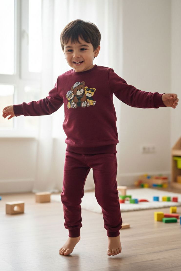Erkek Çocuk Bordo Baskılı İki İplik Çocuk Pijama Takımı - 28274-BORDO - 1