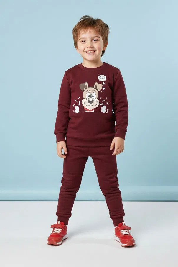 Erkek Çocuk Bordo Baskılı İki İplik Pijama Takımı - 28199-BORDO - TOFİSA
