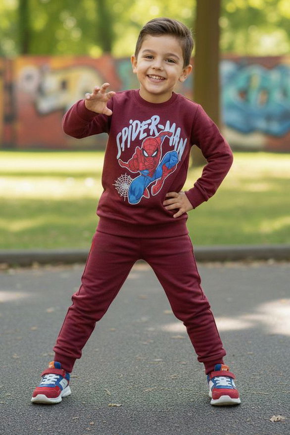 Erkek Çocuk Bordo Baskılı İki İplik Pijama Takımı - 28200-BORDO - 1