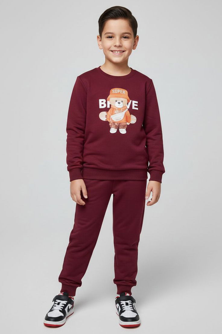 Erkek Çocuk Bordo Baskılı İki İplik Pijama Takımı - 28231-BORDO - 1