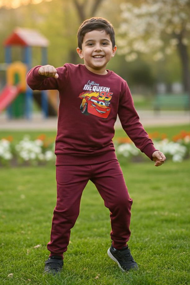 Erkek Çocuk Bordo Baskılı İki İplik Pijama Takımı - 28272-BORDO - 1