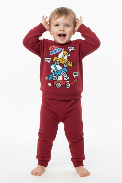 Erkek Çocuk Bordo Baskılı Şardonlu Eşofman Takımı - 28101-BORDO 