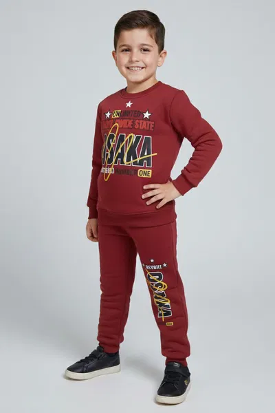 Erkek Çocuk Bordo Baskılı Şardonlu Pijama Takımı - 28097-BORDO 