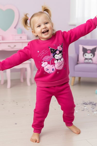 Kız Çocuk Fusya Baskılı Üç İplik Şardonlu Takım - 27966-FUSYA 