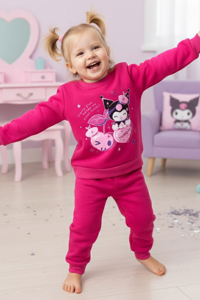 Kız Çocuk Fusya Baskılı Üç İplik Şardonlu Takım - 27966-FUSYA - TOFİSA