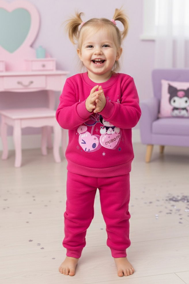 Kız Çocuk Fusya Baskılı Üç İplik Şardonlu Takım - 27966-FUSYA - TOFİSA