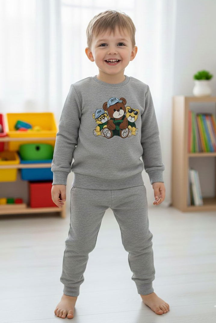 Erkek Çocuk Gri Baskılı İki İplik Çocuk Pijama Takımı - 28274-GRI - 1