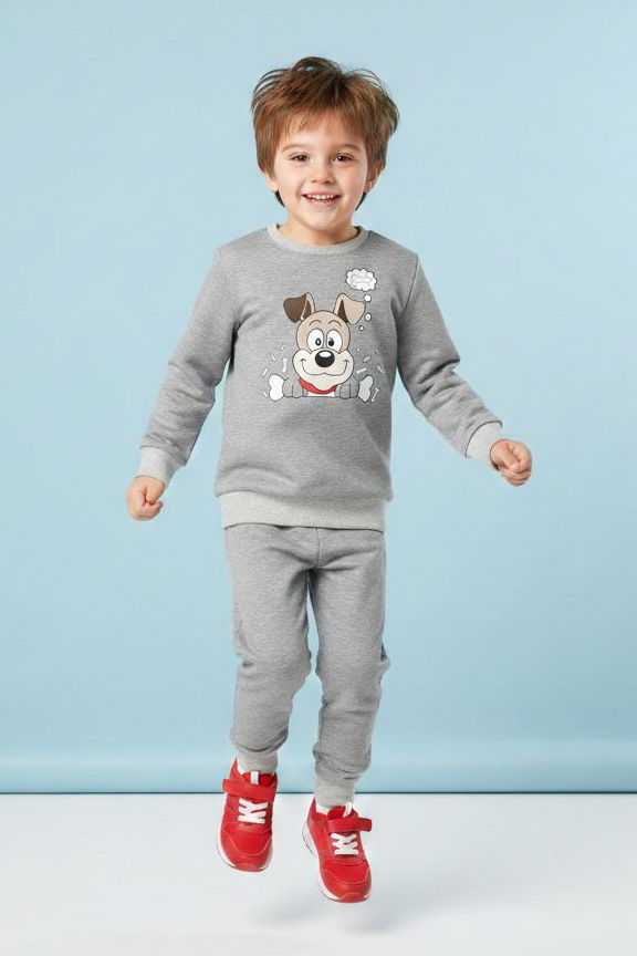 Erkek Çocuk Gri Baskılı İki İplik Pijama Takımı - 28199-GRI - 1