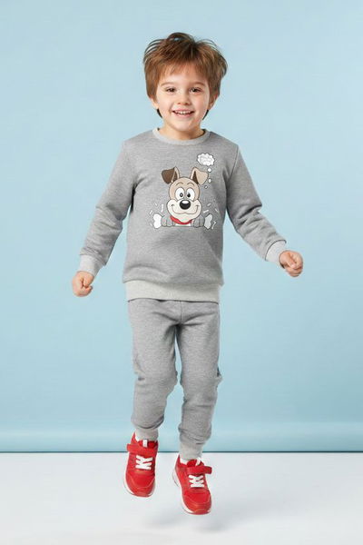 Erkek Çocuk Gri Baskılı İki İplik Pijama Takımı - 28199-GRI 