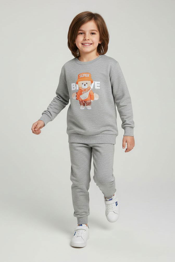 Erkek Çocuk Gri Baskılı İki İplik Pijama Takımı - 28231-GRI - 1