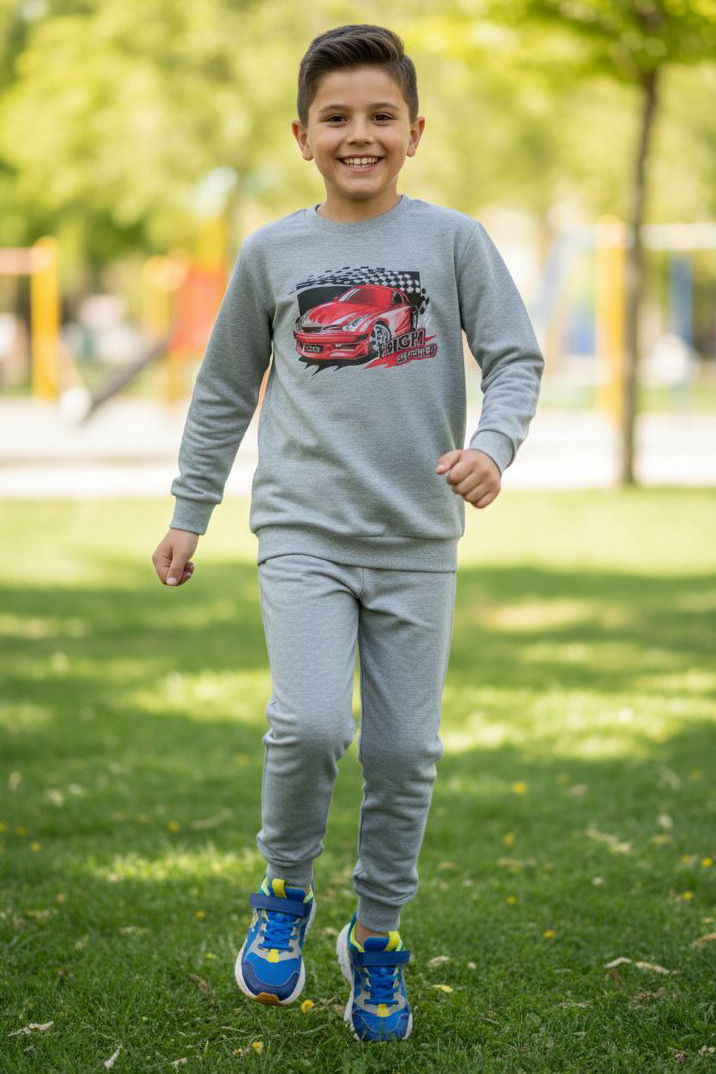 Erkek Çocuk Gri Baskılı İki İplik Pijama Takımı - 28232-GRI - 1