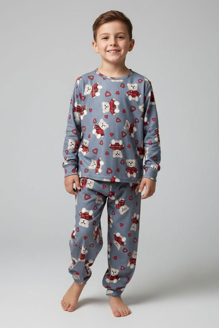 Erkek Çocuk Gri Baskılı Süet Pijama Takımı - 28168-GRI - 1