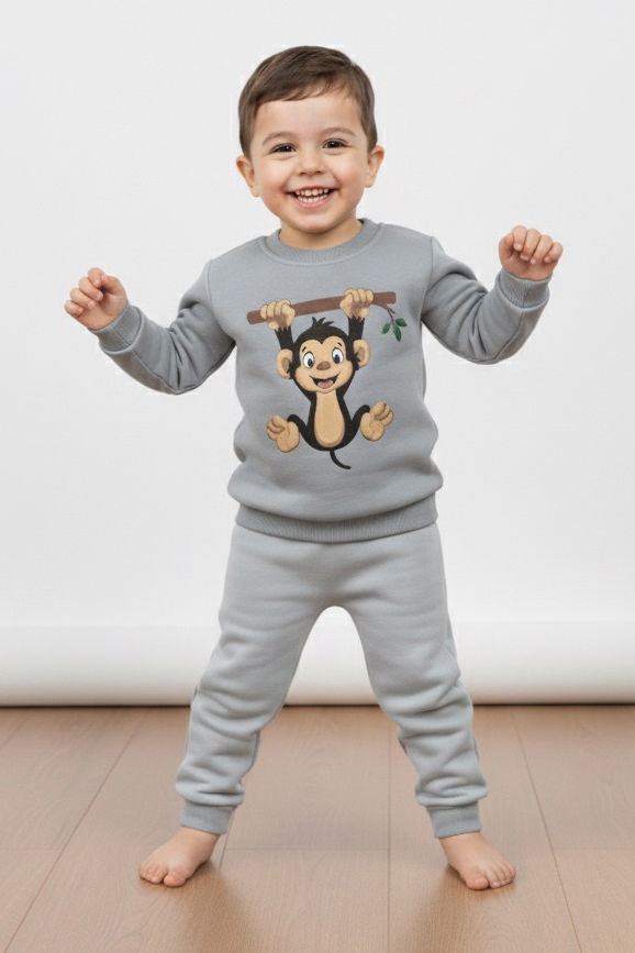 Erkek Çocuk Gri Baskılı Üç İplik Şardonlu Takım - 27965-GRI - 1