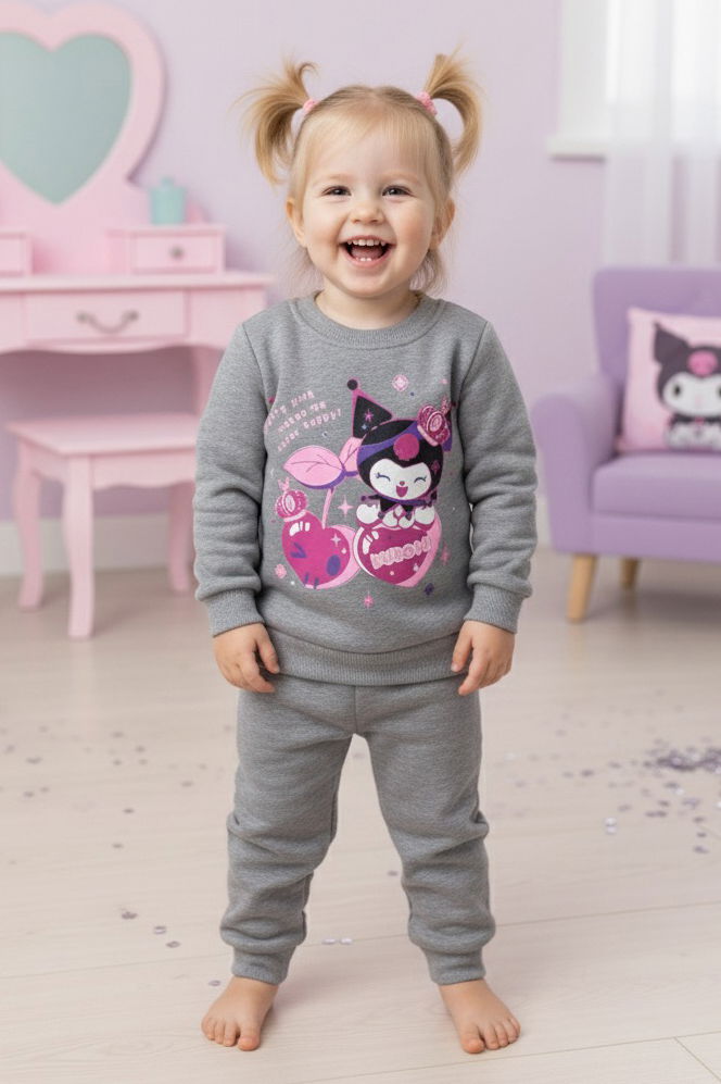 Kız Çocuk Gri Baskılı Üç İplik Şardonlu Takım - 27966-GRI - 1