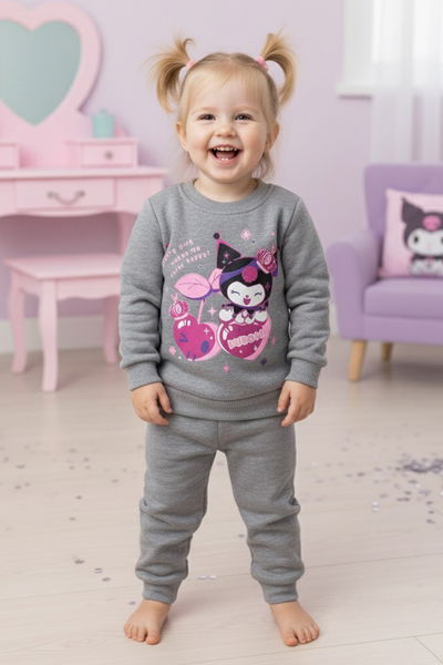 Kız Çocuk Gri Baskılı Üç İplik Şardonlu Takım - 27966-GRI 