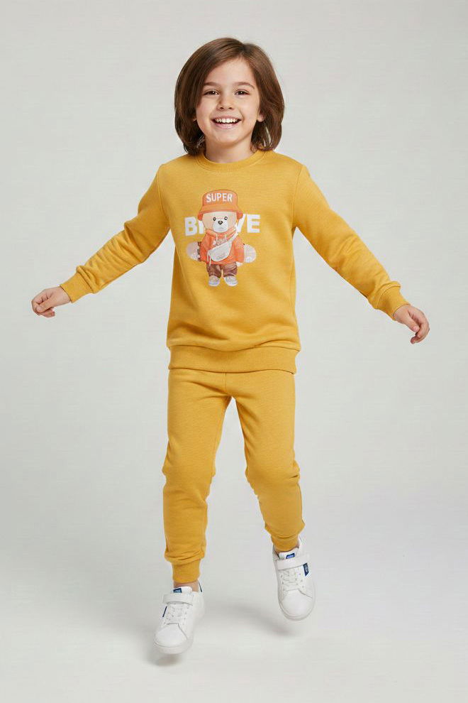 Erkek Çocuk Hardal Baskılı İki İplik Pijama Takımı - 28231-HARDAL - 1