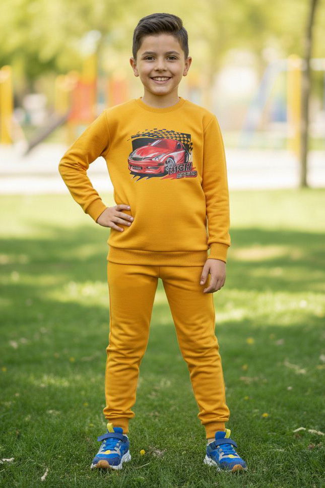 Erkek Çocuk Hardal Baskılı İki İplik Pijama Takımı - 28232-HARDAL - 1