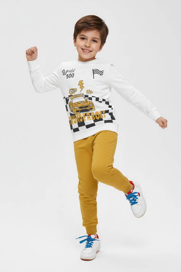 Erkek Çocuk Hardal Baskılı Şardonlu Pijama Takımı - 28242-HARDAL - 1