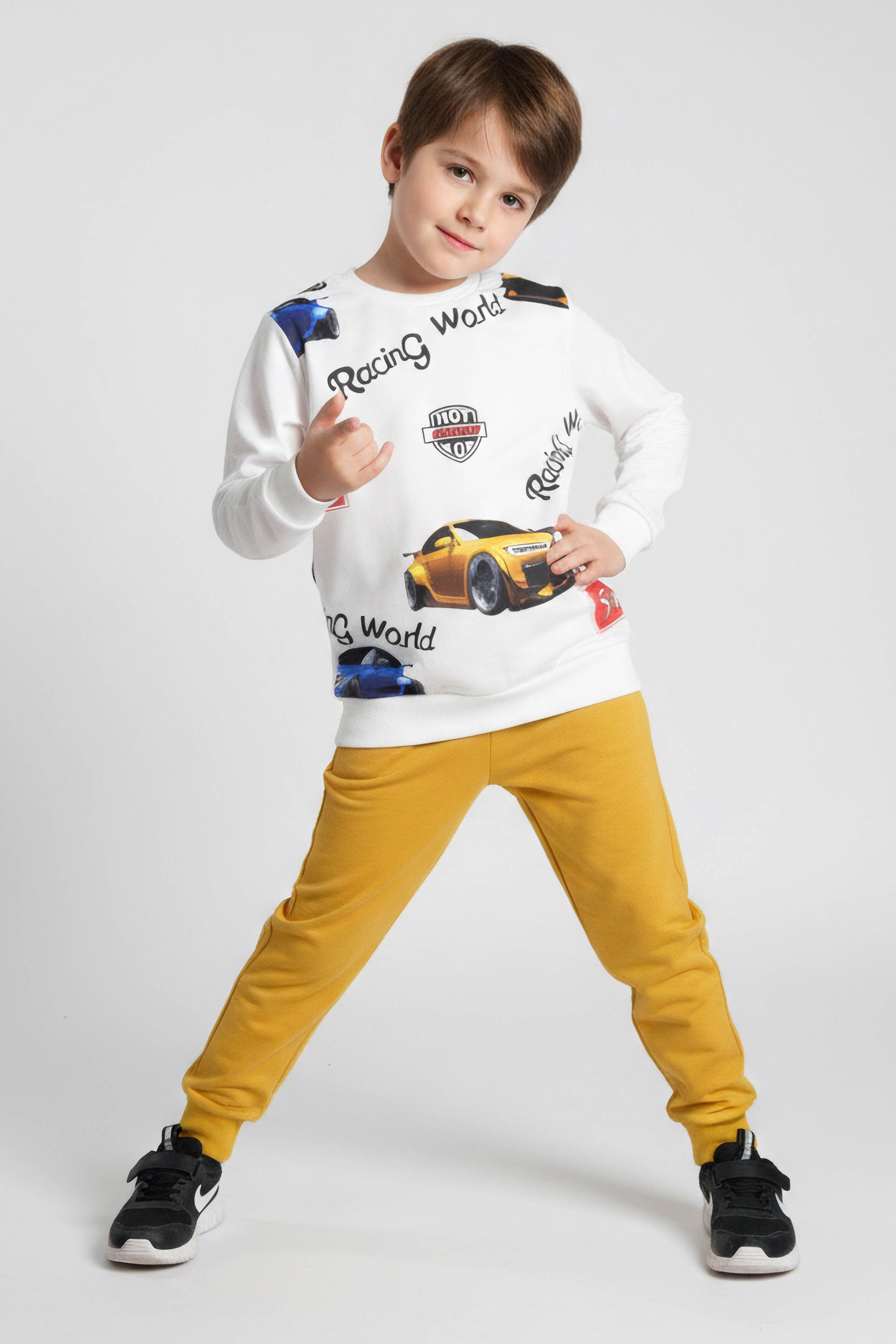 Erkek Çocuk Hardal Baskılı Şardonlu Pijama Takımı - 28243-HARDAL - 1