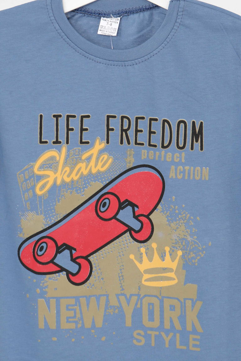 Erkek Çocuk Indigo Baskılı Kısa Kollu T-Şhirt - 27383 - TOFİSA