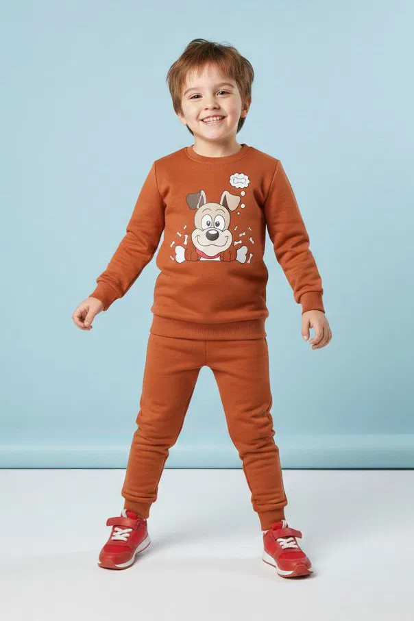 Erkek Çocuk Kiremit Baskılı İki İplik Pijama Takımı - 28199-KIREMIT - TOFİSA