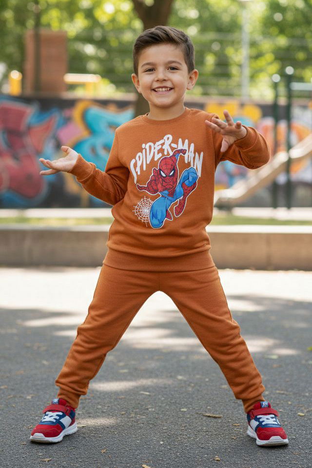 Erkek Çocuk Kiremit Baskılı İki İplik Pijama Takımı - 28200-KIREMIT - 1