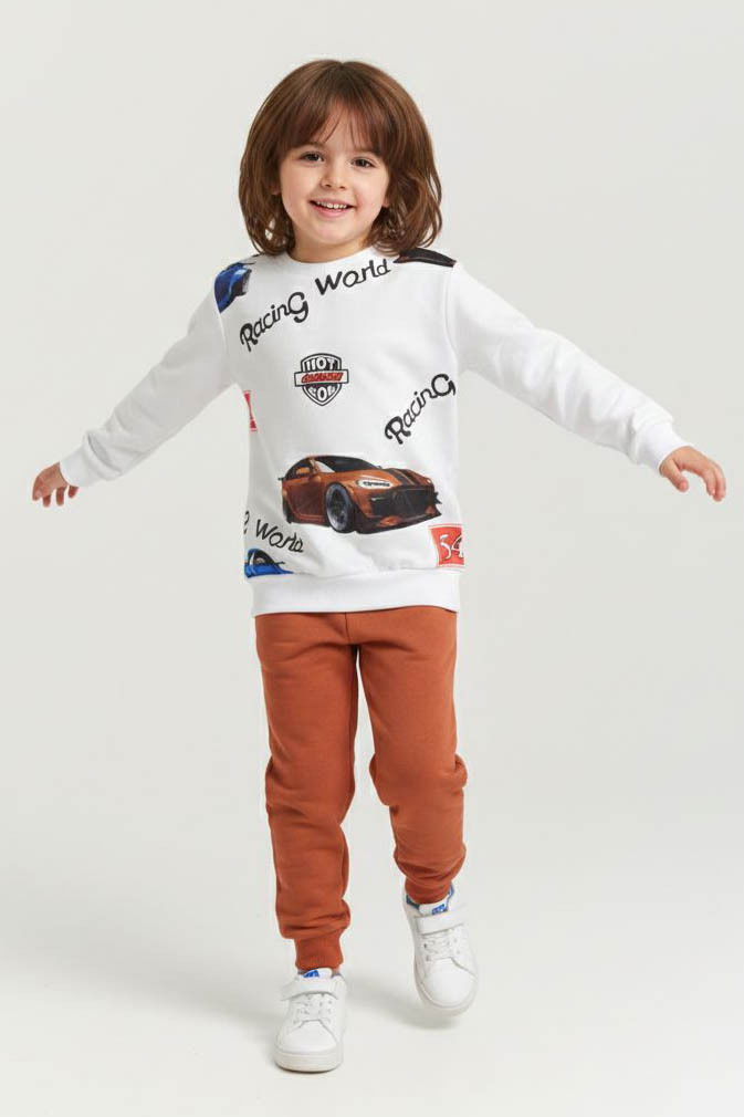 Erkek Çocuk Kiremit Baskılı Şardonlu Pijama Takımı - 28243-KIREMIT - 1