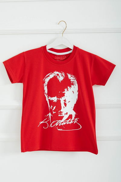 Erkek Çocuk Kirmizi Bisiklet Yaka Atatürk Baskılı Kısa Kollu Unisex T-Shirt - 26847 