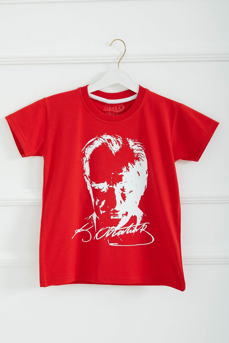 Erkek Çocuk Kirmizi Bisiklet Yaka Atatürk Baskılı Kısa Kollu Unisex T-Shirt - 26847 - TOFİSA