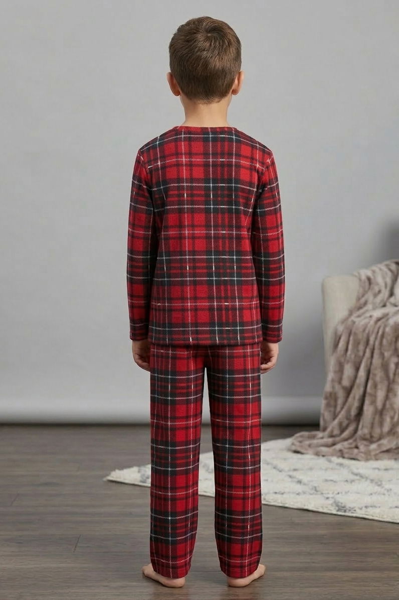 Erkek Çocuk Kirmizi Ekoseli Süet Pijama Takımı - 28327-KIRMIZI - 2
